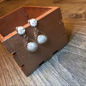 White Iridescent Druzy 2-Stone Dangle Earrings